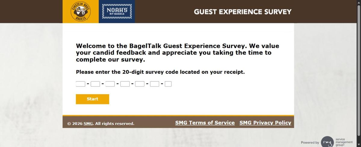 Screenshot of the official BagelTalk guest experience survey welcome page with 20-digit code entry