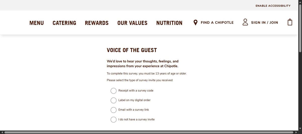 Screenshot of the official Chipotle Voice of the Guest feedback page with invite type options