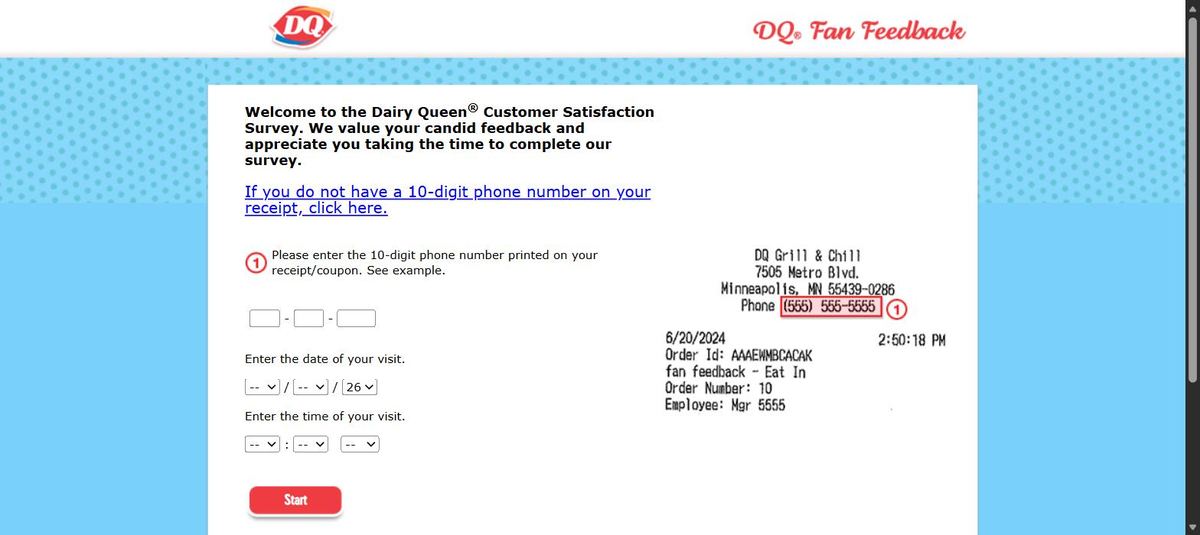 Screenshot of the official DQ Fan Feedback survey welcome page with phone number entry