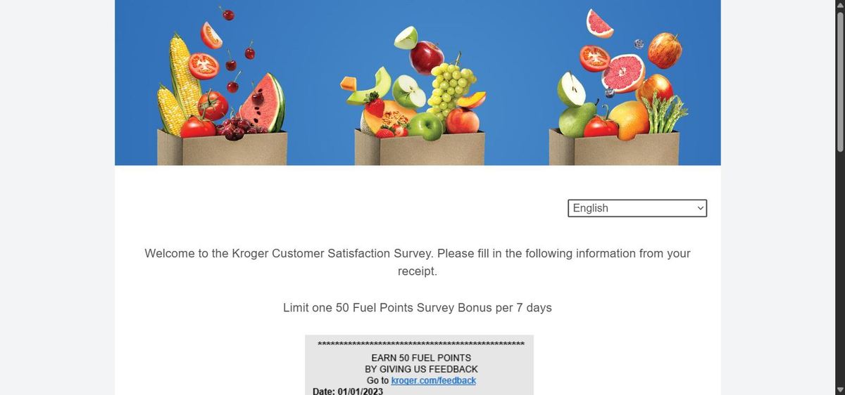 Screenshot of the official Kroger feedback survey welcome page showing the 50 fuel points limit
