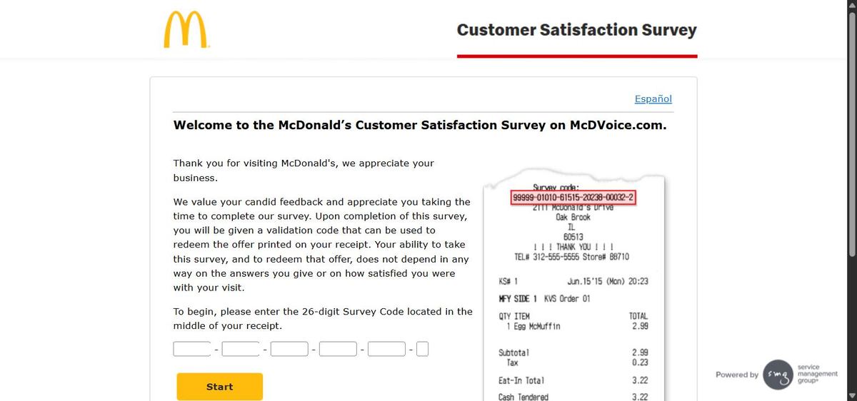 Screenshot of the official McDVoice.com survey welcome page with 26-digit code entry fields
