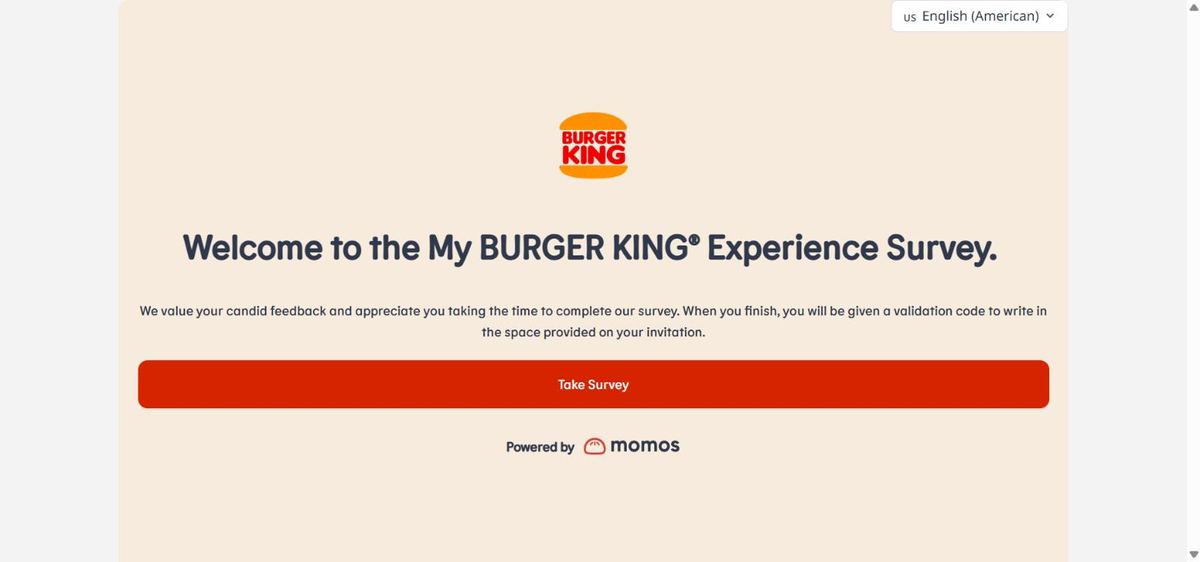 Screenshot of the official MyBKExperience.com survey welcome page with Take Survey button