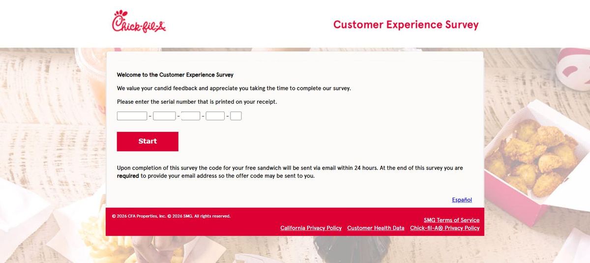 Screenshot of the official Chick-fil-A Customer Experience Survey welcome page with serial number fields