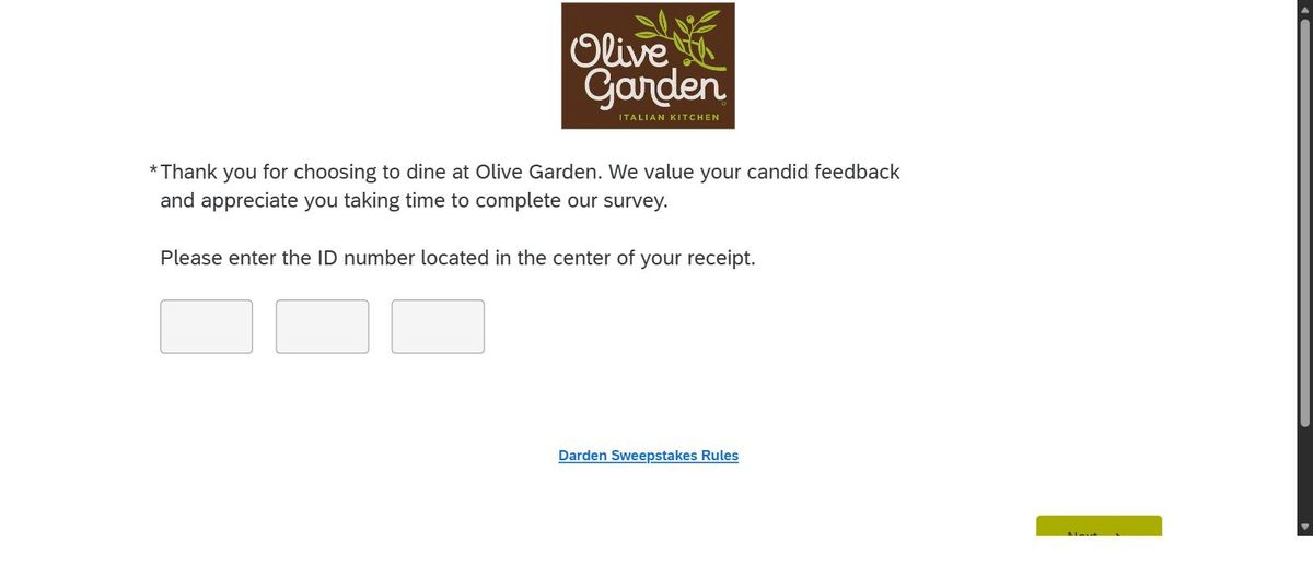 Screenshot of the official Olive Garden guest survey on Darden’s Qualtrics platform asking for the receipt ID number