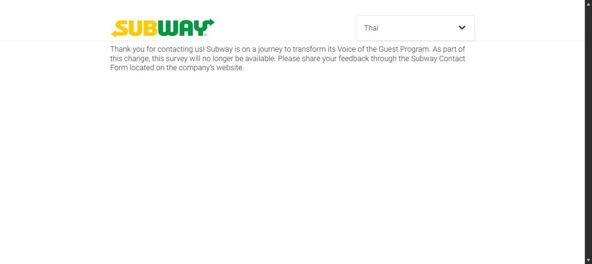 Screenshot of the official SubwayListens page showing Subway’s notice that the survey is no longer available