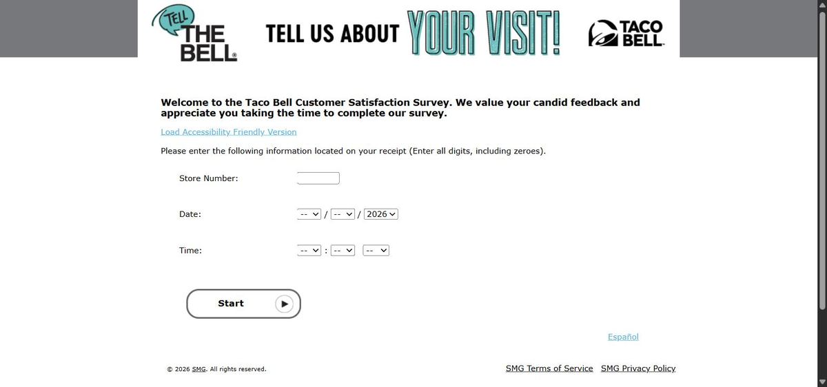 Screenshot of the official TellTheBell Taco Bell survey welcome page with store number, date and time fields