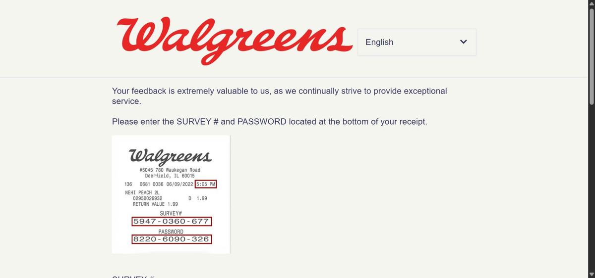 Screenshot of the official WalgreensListens survey entry page with survey number and password fields
