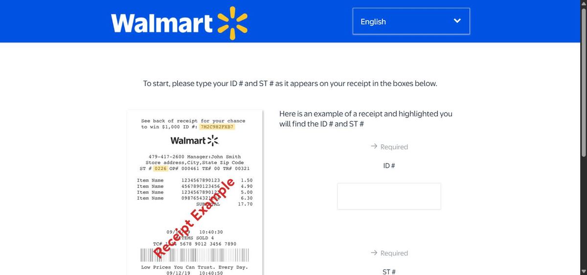 Screenshot of the official Walmart survey entry page asking for ID number and store number