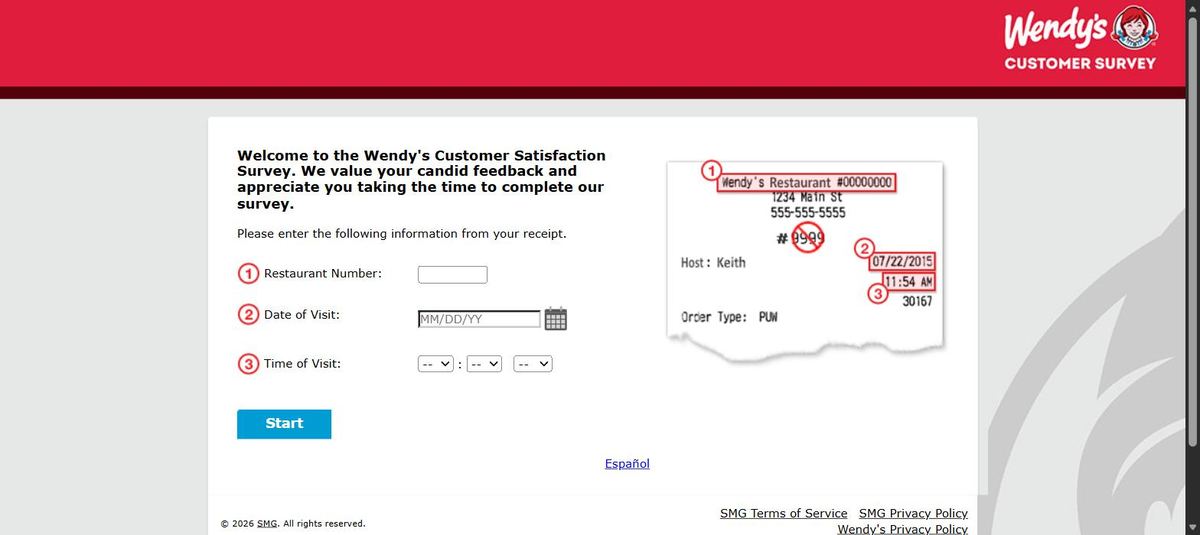 Screenshot of the official Wendy’s Customer Survey welcome page on wendyswantstoknow.com